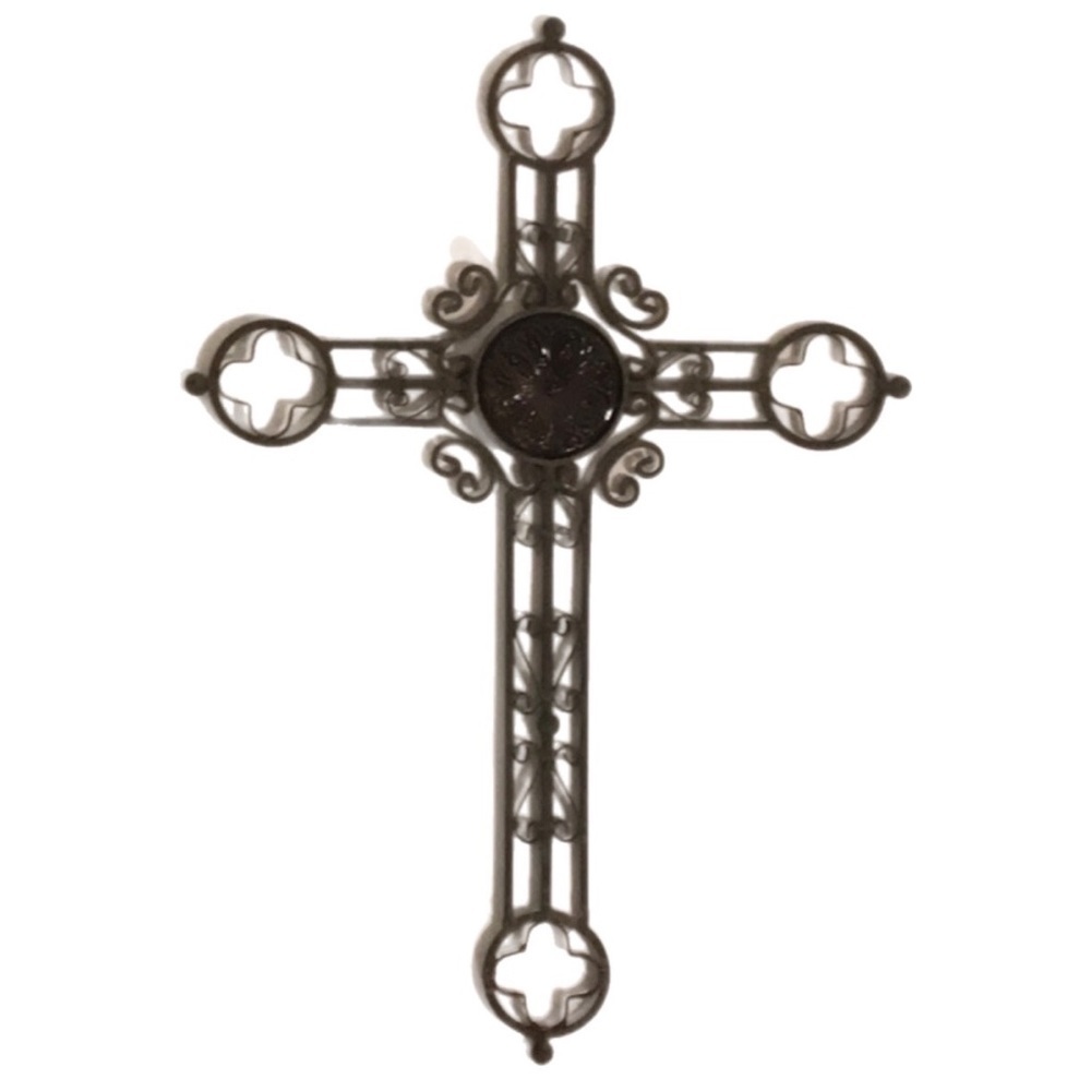 Unbranded Huge  Iron Hanging Cross Amber Embossed Pattern Glass Center VTG